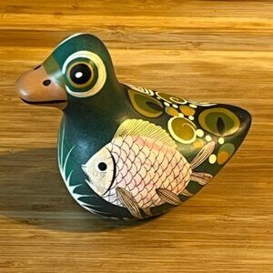 Vintage art pottery mexican tonala pottery art duck bird with fish design